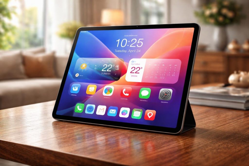 tablette-table-bois-interface-colorée