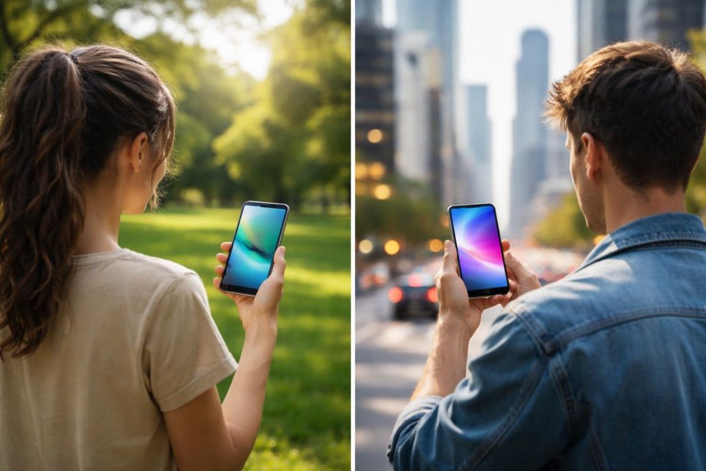 personnes-smartphone-parc-ville-gratte-ciel