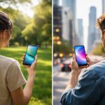 personnes-smartphone-parc-ville-gratte-ciel