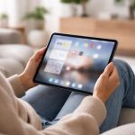 personne-salon-moderne-tablette-elegante
