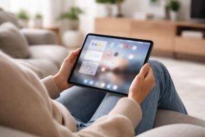 personne-salon-moderne-tablette-elegante