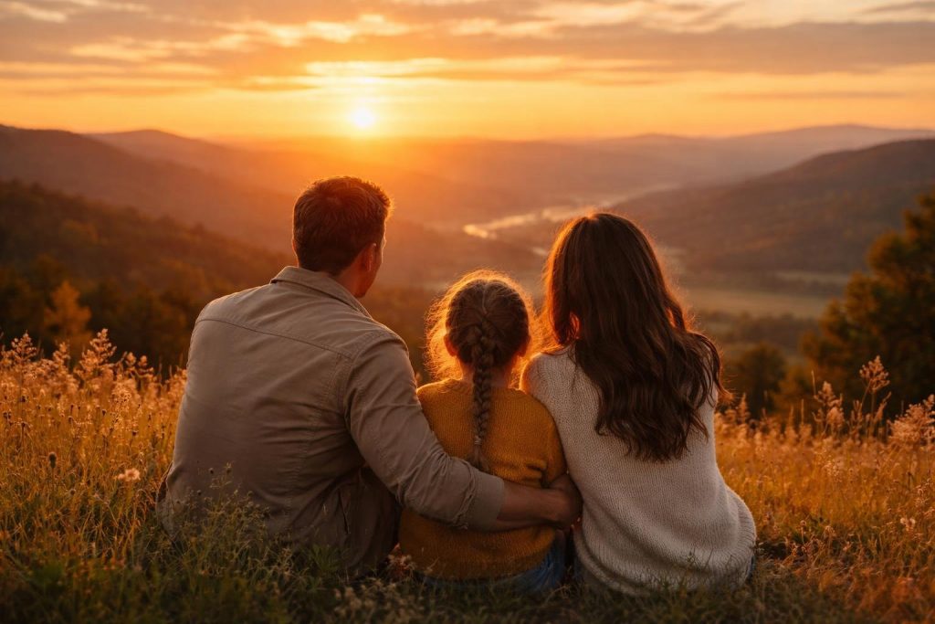 famille-coucher-soleil-collines-serenite