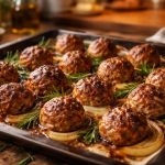Boulettes de Viande Moelleuses au Four : Comment les Réussir ? boulettes-viande-romarin-oignons-plaque
