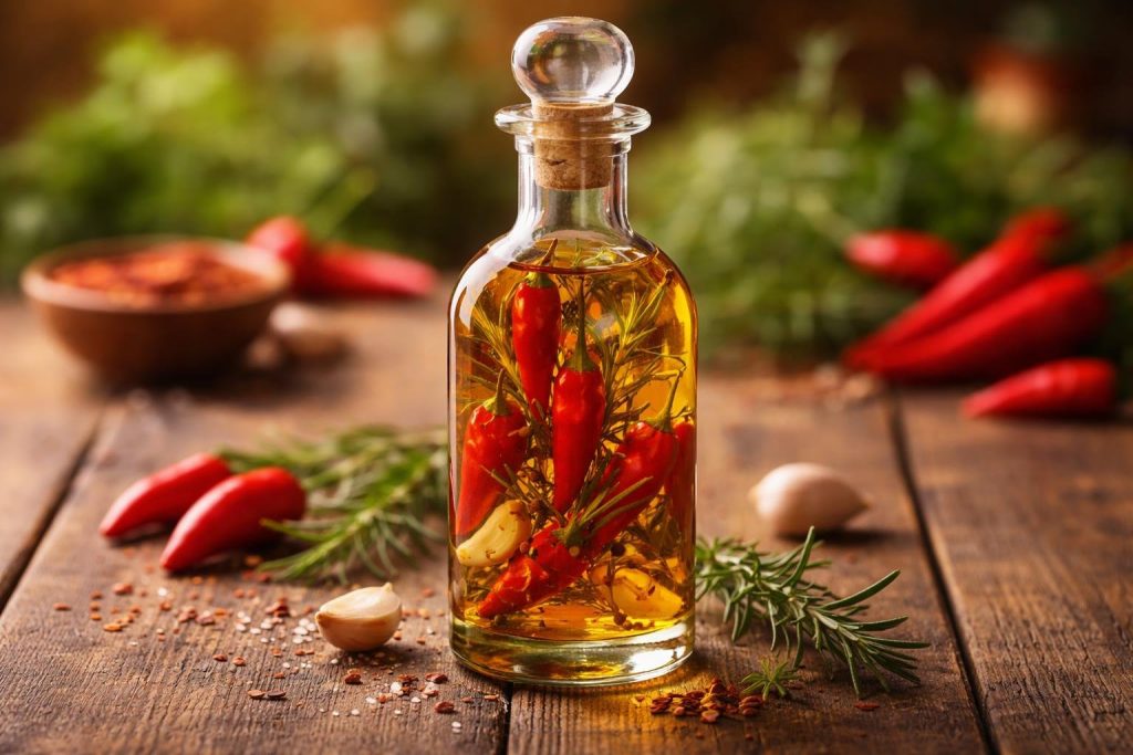 flacon-verre-huile-piments-herbes